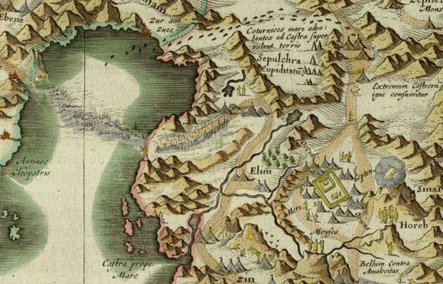 Blaeu, map of the Holy Land, Amsterdam, 1629, the route of the Children of Israel in the desert